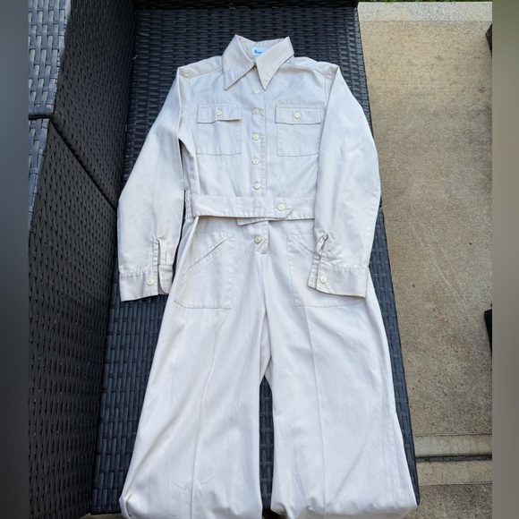 John Meyer of Norwich Pants - Cream Workwear Jumpsuit with Belted Waist and Long Sleeves